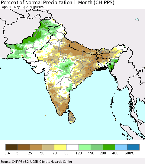 Southern Asia Percent of Normal Precipitation 1-Month (CHIRPS) Thematic Map For 4/11/2024 - 5/10/2024