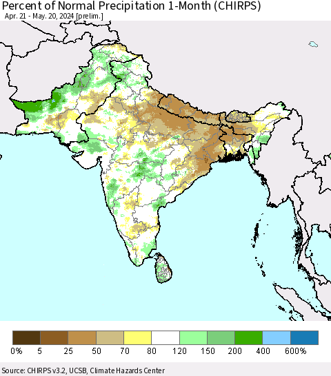Southern Asia Percent of Normal Precipitation 1-Month (CHIRPS) Thematic Map For 4/21/2024 - 5/20/2024