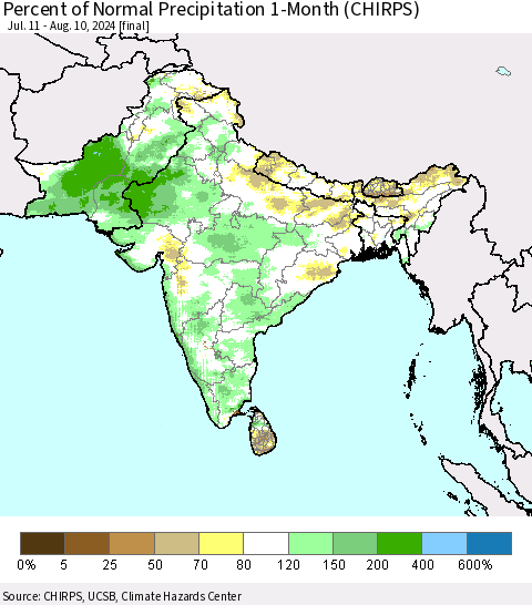 Southern Asia Percent of Normal Precipitation 1-Month (CHIRPS) Thematic Map For 7/11/2024 - 8/10/2024