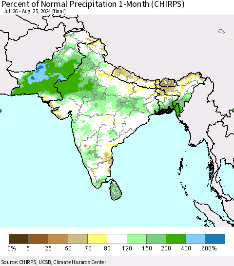 Southern Asia Percent of Normal Precipitation 1-Month (CHIRPS) Thematic Map For 7/26/2024 - 8/25/2024