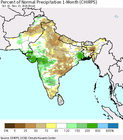 Southern Asia Percent of Normal Precipitation 1-Month (CHIRPS) Thematic Map For 10/16/2024 - 11/15/2024