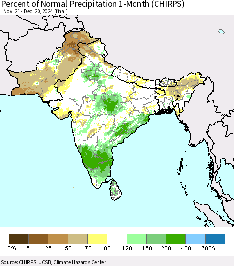Southern Asia Percent of Normal Precipitation 1-Month (CHIRPS) Thematic Map For 11/21/2024 - 12/20/2024