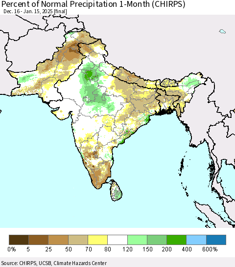 Southern Asia Percent of Normal Precipitation 1-Month (CHIRPS) Thematic Map For 12/16/2024 - 1/15/2025