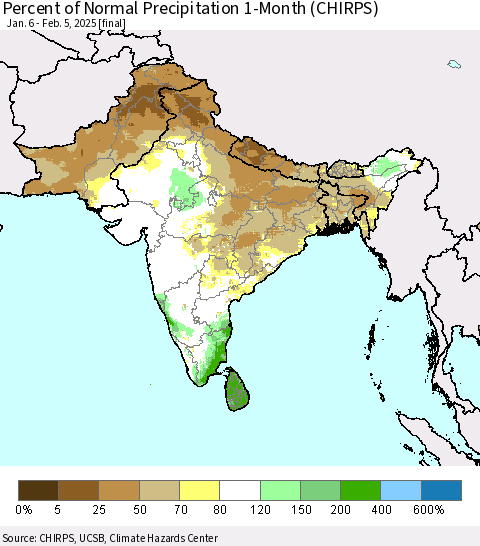 Southern Asia Percent of Normal Precipitation 1-Month (CHIRPS) Thematic Map For 1/6/2025 - 2/5/2025