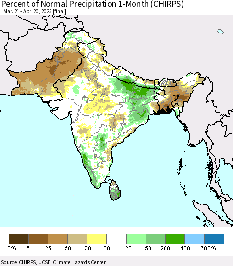 Southern Asia Percent of Normal Precipitation 1-Month (CHIRPS) Thematic Map For 3/21/2025 - 4/20/2025