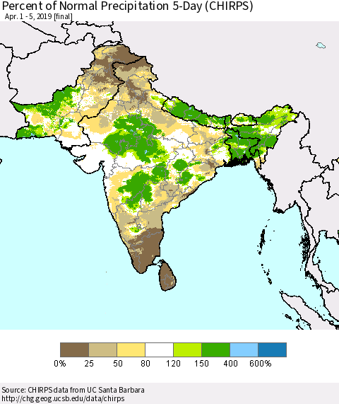 Southern Asia Percent of Normal Precipitation 5-Day (CHIRPS) Thematic Map For 4/1/2019 - 4/5/2019
