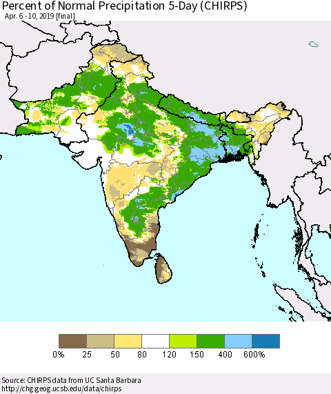 Southern Asia Percent of Normal Precipitation 5-Day (CHIRPS) Thematic Map For 4/6/2019 - 4/10/2019