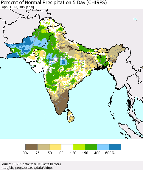 Southern Asia Percent of Normal Precipitation 5-Day (CHIRPS) Thematic Map For 4/11/2019 - 4/15/2019