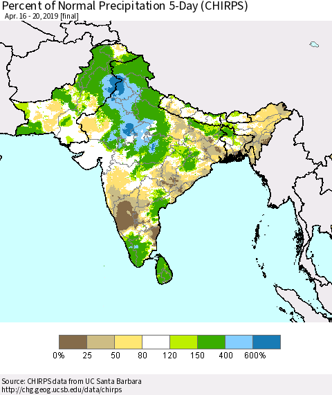 Southern Asia Percent of Normal Precipitation 5-Day (CHIRPS) Thematic Map For 4/16/2019 - 4/20/2019
