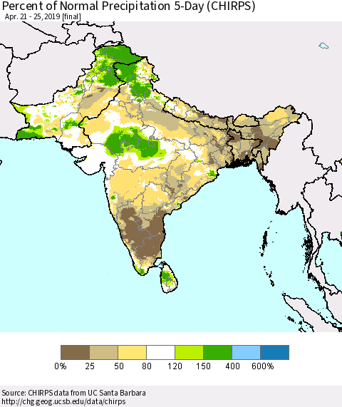 Southern Asia Percent of Normal Precipitation 5-Day (CHIRPS) Thematic Map For 4/21/2019 - 4/25/2019