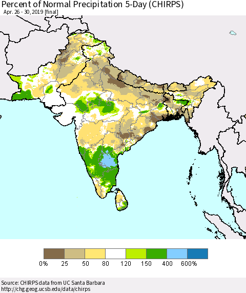 Southern Asia Percent of Normal Precipitation 5-Day (CHIRPS) Thematic Map For 4/26/2019 - 4/30/2019