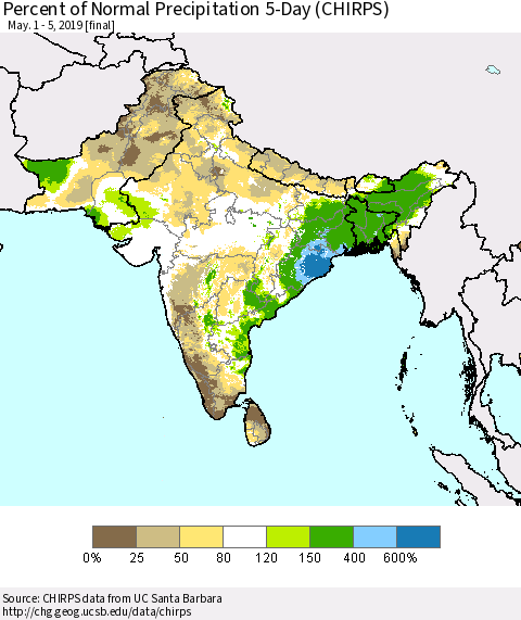 Southern Asia Percent of Normal Precipitation 5-Day (CHIRPS) Thematic Map For 5/1/2019 - 5/5/2019