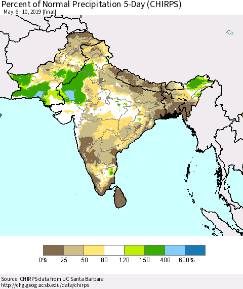 Southern Asia Percent of Normal Precipitation 5-Day (CHIRPS) Thematic Map For 5/6/2019 - 5/10/2019