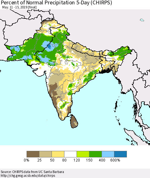 Southern Asia Percent of Normal Precipitation 5-Day (CHIRPS) Thematic Map For 5/11/2019 - 5/15/2019