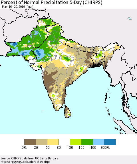 Southern Asia Percent of Normal Precipitation 5-Day (CHIRPS) Thematic Map For 5/16/2019 - 5/20/2019