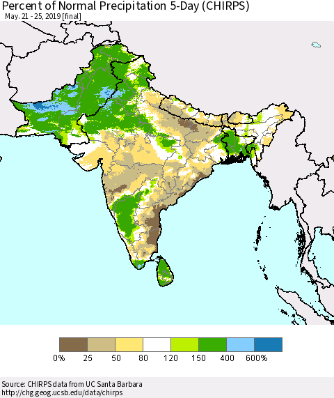 Southern Asia Percent of Normal Precipitation 5-Day (CHIRPS) Thematic Map For 5/21/2019 - 5/25/2019