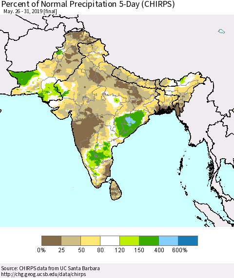 Southern Asia Percent of Normal Precipitation 5-Day (CHIRPS) Thematic Map For 5/26/2019 - 5/31/2019