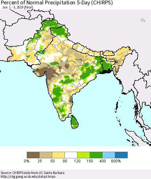 Southern Asia Percent of Normal Precipitation 5-Day (CHIRPS) Thematic Map For 6/1/2019 - 6/5/2019