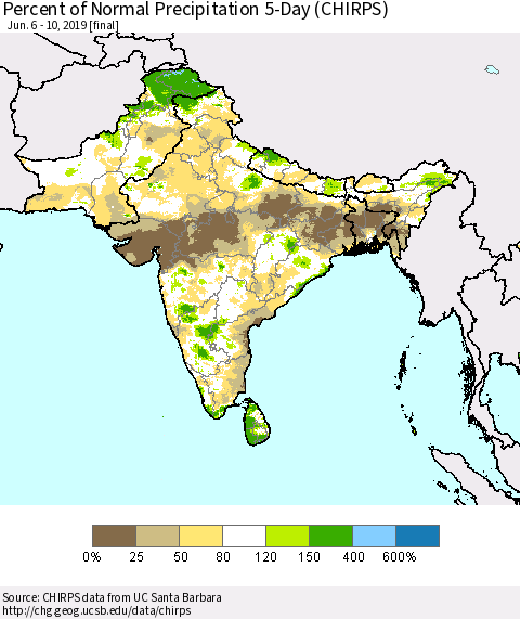 Southern Asia Percent of Normal Precipitation 5-Day (CHIRPS) Thematic Map For 6/6/2019 - 6/10/2019