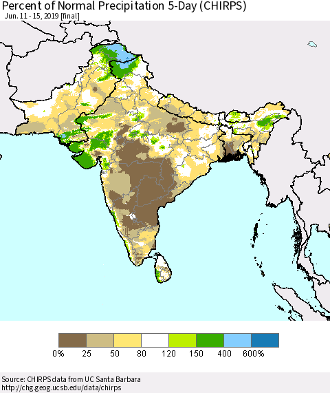 Southern Asia Percent of Normal Precipitation 5-Day (CHIRPS) Thematic Map For 6/11/2019 - 6/15/2019