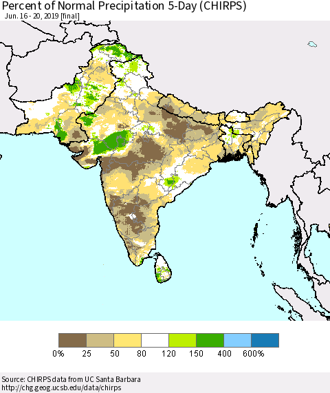 Southern Asia Percent of Normal Precipitation 5-Day (CHIRPS) Thematic Map For 6/16/2019 - 6/20/2019