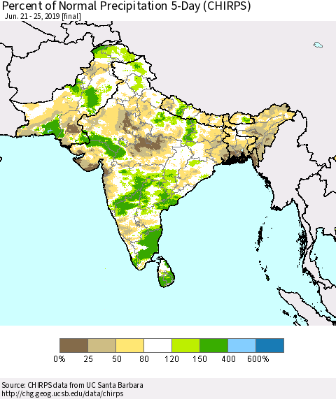 Southern Asia Percent of Normal Precipitation 5-Day (CHIRPS) Thematic Map For 6/21/2019 - 6/25/2019