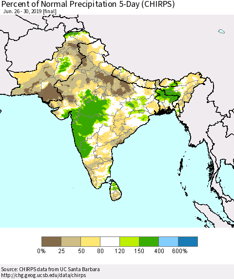 Southern Asia Percent of Normal Precipitation 5-Day (CHIRPS) Thematic Map For 6/26/2019 - 6/30/2019