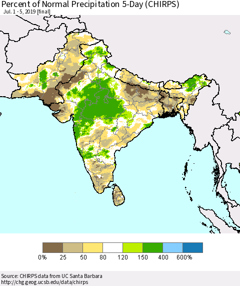 Southern Asia Percent of Normal Precipitation 5-Day (CHIRPS) Thematic Map For 7/1/2019 - 7/5/2019