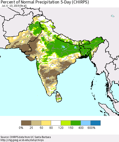 Southern Asia Percent of Normal Precipitation 5-Day (CHIRPS) Thematic Map For 7/6/2019 - 7/10/2019