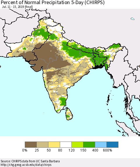 Southern Asia Percent of Normal Precipitation 5-Day (CHIRPS) Thematic Map For 7/11/2019 - 7/15/2019