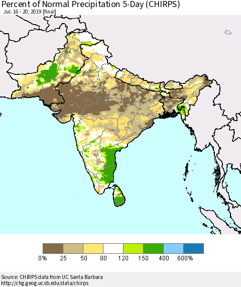 Southern Asia Percent of Normal Precipitation 5-Day (CHIRPS) Thematic Map For 7/16/2019 - 7/20/2019