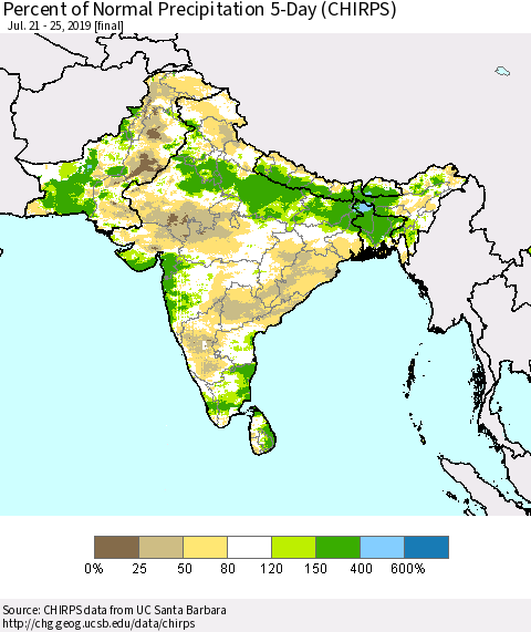 Southern Asia Percent of Normal Precipitation 5-Day (CHIRPS) Thematic Map For 7/21/2019 - 7/25/2019