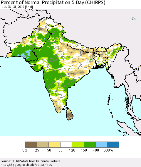 Southern Asia Percent of Normal Precipitation 5-Day (CHIRPS) Thematic Map For 7/26/2019 - 7/31/2019