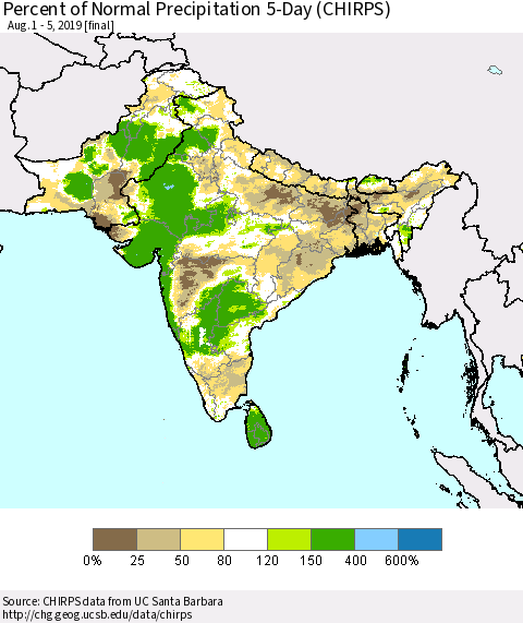 Southern Asia Percent of Normal Precipitation 5-Day (CHIRPS) Thematic Map For 8/1/2019 - 8/5/2019