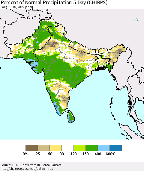 Southern Asia Percent of Normal Precipitation 5-Day (CHIRPS) Thematic Map For 8/6/2019 - 8/10/2019