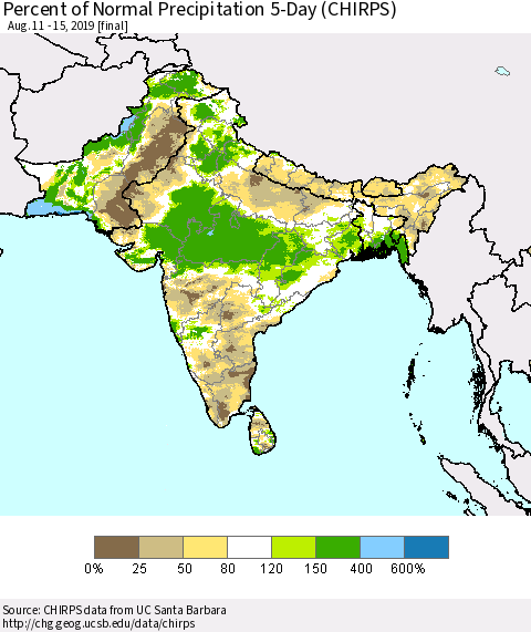 Southern Asia Percent of Normal Precipitation 5-Day (CHIRPS) Thematic Map For 8/11/2019 - 8/15/2019