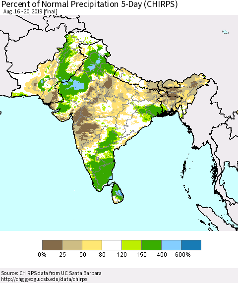 Southern Asia Percent of Normal Precipitation 5-Day (CHIRPS) Thematic Map For 8/16/2019 - 8/20/2019