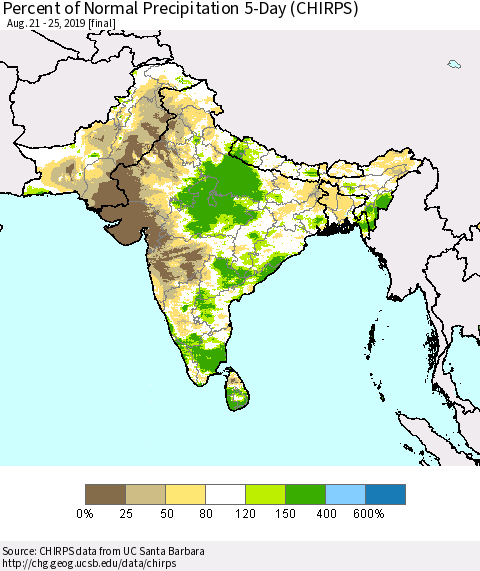 Southern Asia Percent of Normal Precipitation 5-Day (CHIRPS) Thematic Map For 8/21/2019 - 8/25/2019