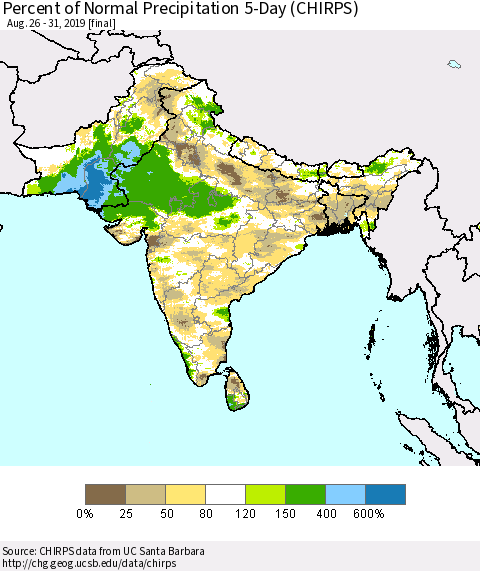 Southern Asia Percent of Normal Precipitation 5-Day (CHIRPS) Thematic Map For 8/26/2019 - 8/31/2019