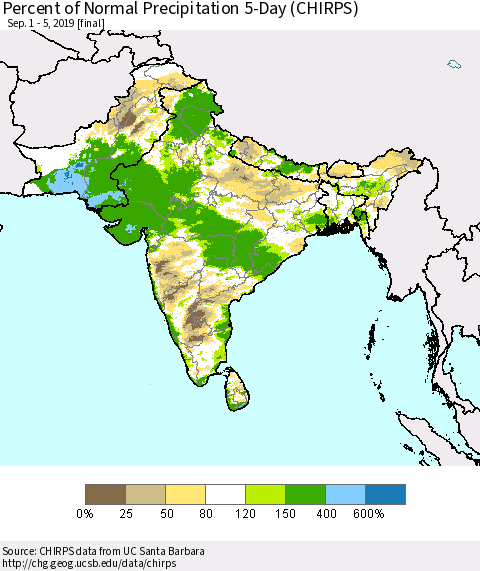 Southern Asia Percent of Normal Precipitation 5-Day (CHIRPS) Thematic Map For 9/1/2019 - 9/5/2019