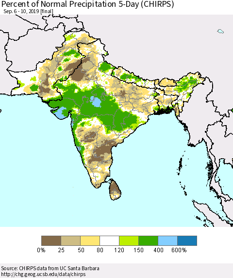 Southern Asia Percent of Normal Precipitation 5-Day (CHIRPS) Thematic Map For 9/6/2019 - 9/10/2019