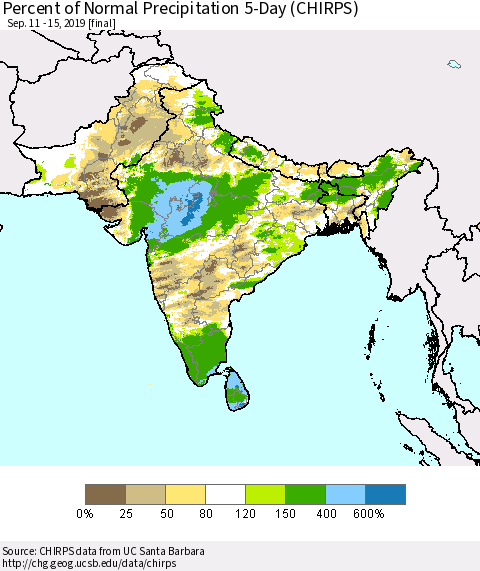 Southern Asia Percent of Normal Precipitation 5-Day (CHIRPS) Thematic Map For 9/11/2019 - 9/15/2019