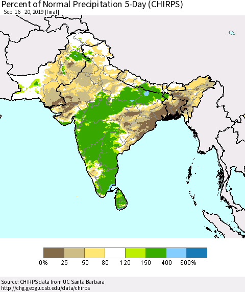 Southern Asia Percent of Normal Precipitation 5-Day (CHIRPS) Thematic Map For 9/16/2019 - 9/20/2019