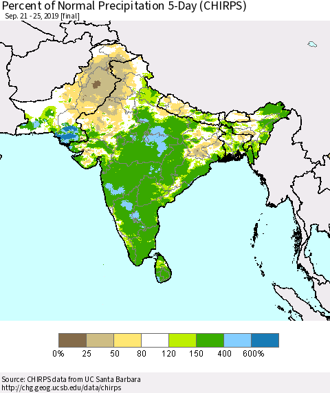 Southern Asia Percent of Normal Precipitation 5-Day (CHIRPS) Thematic Map For 9/21/2019 - 9/25/2019