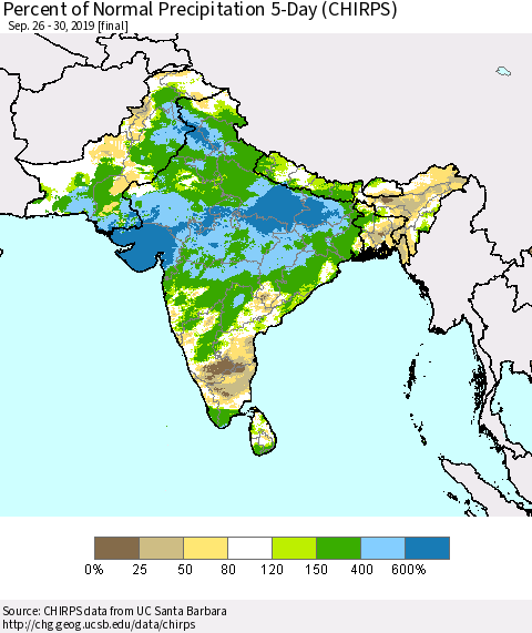 Southern Asia Percent of Normal Precipitation 5-Day (CHIRPS) Thematic Map For 9/26/2019 - 9/30/2019
