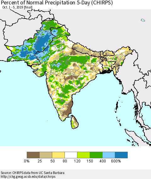 Southern Asia Percent of Normal Precipitation 5-Day (CHIRPS) Thematic Map For 10/1/2019 - 10/5/2019