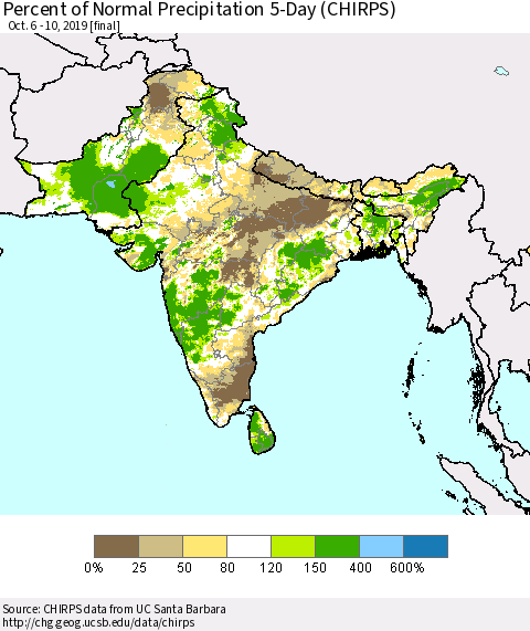 Southern Asia Percent of Normal Precipitation 5-Day (CHIRPS) Thematic Map For 10/6/2019 - 10/10/2019