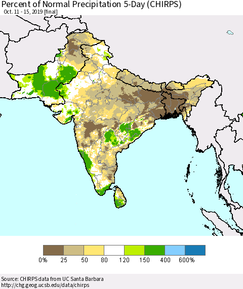 Southern Asia Percent of Normal Precipitation 5-Day (CHIRPS) Thematic Map For 10/11/2019 - 10/15/2019