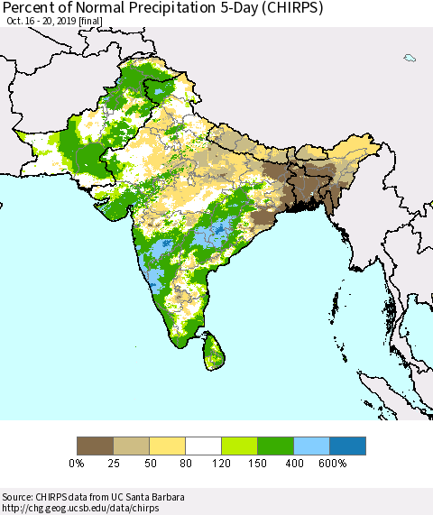 Southern Asia Percent of Normal Precipitation 5-Day (CHIRPS) Thematic Map For 10/16/2019 - 10/20/2019