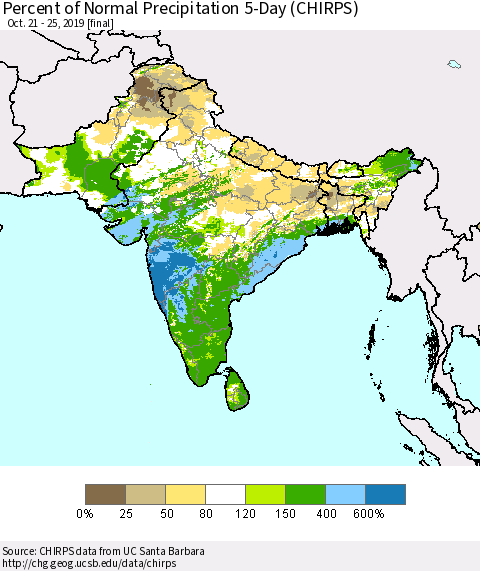 Southern Asia Percent of Normal Precipitation 5-Day (CHIRPS) Thematic Map For 10/21/2019 - 10/25/2019